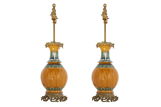 Porcelain Pumpkin Color Decorated Vase Lamps with French Bronze Default