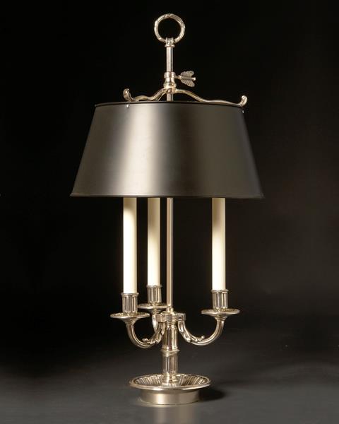 Silvered Bronze Three Light Bouillotte With Painted Tole Shade