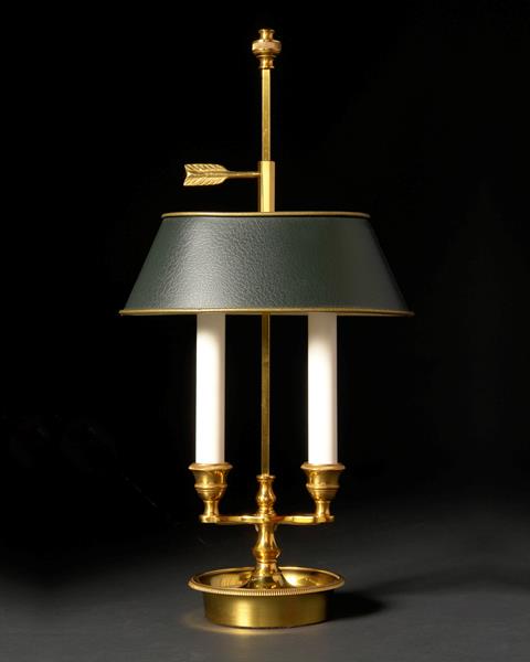 Gilt Bronze Two Light Bouillotte With Painted Oval Shade