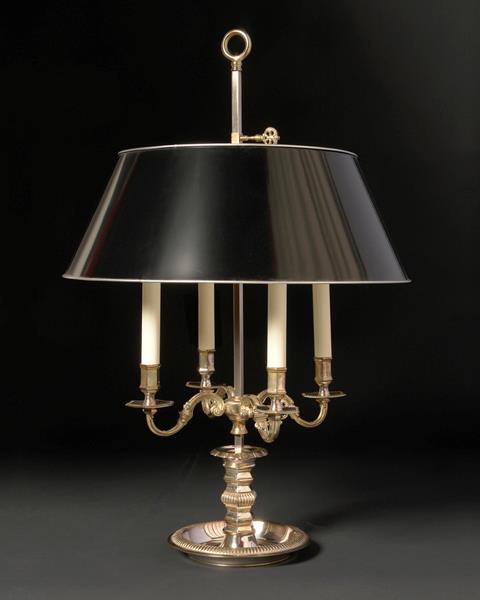 Silvered Bronze Four Light Bouillotte With Painted Tole Shade