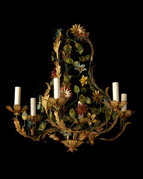 Polychrome And Gilt Iron L. XV Style Cage Form Floral Motif Chan