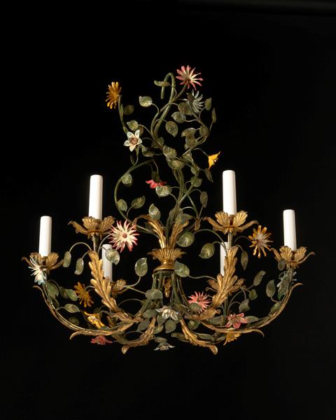 Gilt and Polychrome Iron Six Light Floral Motif Chandelier