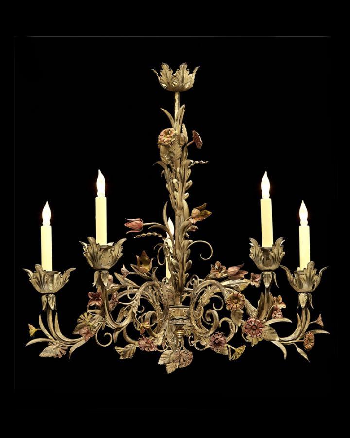 Polychrome Iron And Brass Floral Motif  Six Light Chandelier