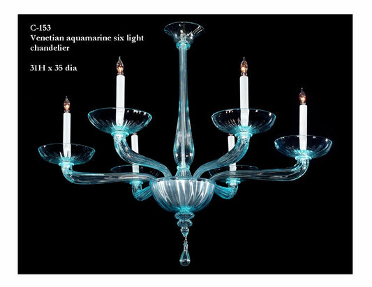 Aquamarine Colored Venetian Glass Six Light Chandelier