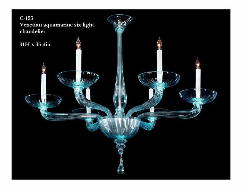 Aquamarine Colored Venetian Glass Six Light Chandelier