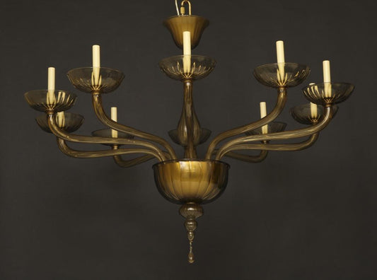 Venetian Fume Amber Colored  Glass Art Deco Style Ten Light Chan