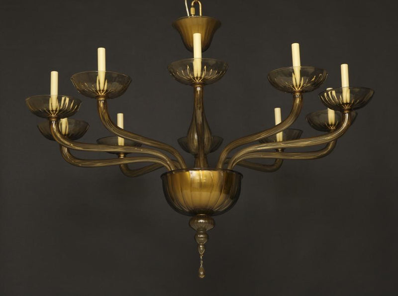 Venetian Fume Amber Colored  Glass Art Deco Style Ten Light Chan