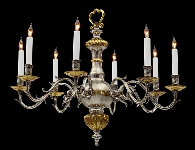 Silver And Gilt Bronze Eight Light Dutch  Style Chandelier