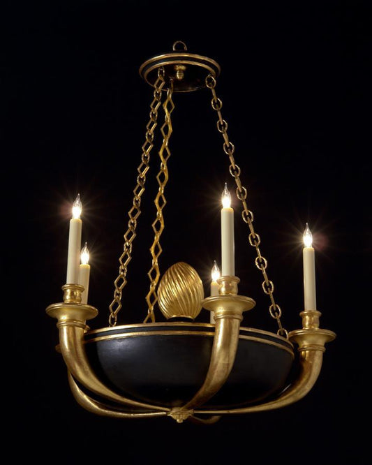 Black, Gilt Wood And Gesso Art Deco Style Five Light Chandelier