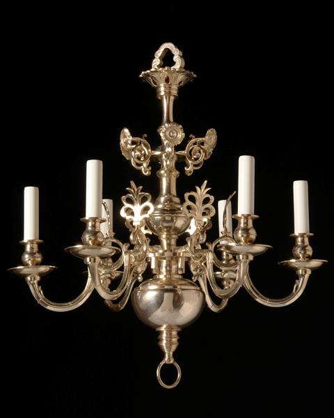 Silvered  Brass Dutch Style Six Light Chandelier With Reflectors