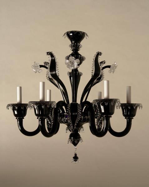 Venetian Glass Dark Purple And Clear Six Light Chandelier