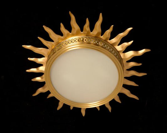 SUNBURST Gilt Bronze and Frosted Glass Two Light  Flushmount wit
