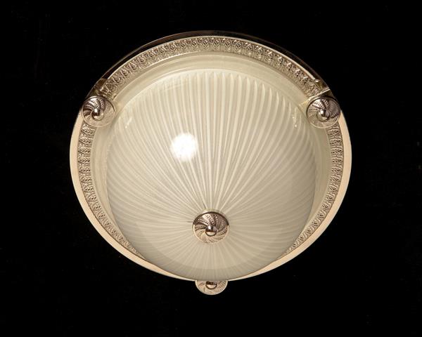 Nickeled  Bronze One Light Flush Mount With Molded Ribbed Glass