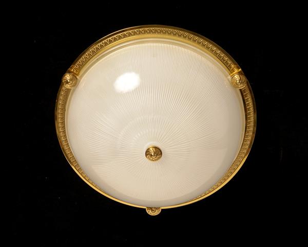 Gilt Bronze Two Light Flush Mount With Molded Ribbed Glass And D