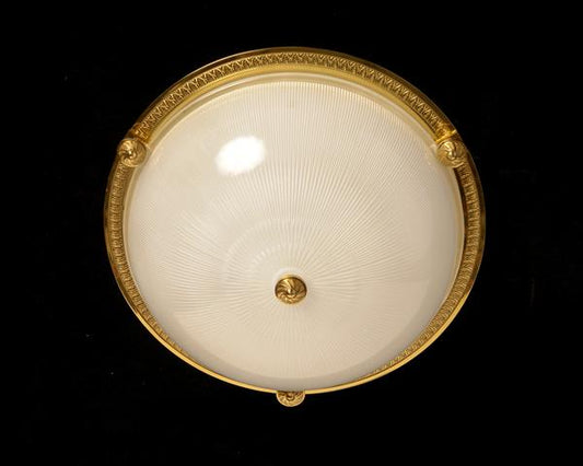 Gilt Bronze Two Light Flush Mount With Molded Ribbed Glass And D