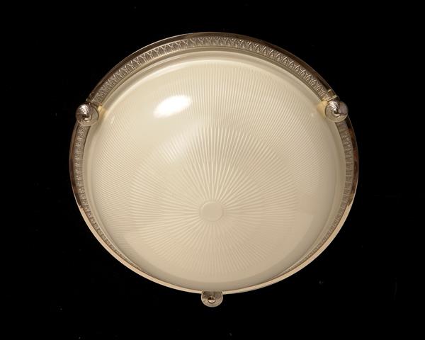 Nickeled Bronze Two Light Flush Mount With Molded Ribbed Glass