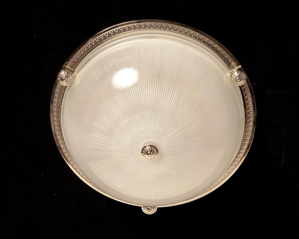 Nickeled Bronze Two Light Flush Mount With Molded Ribbed Glass A