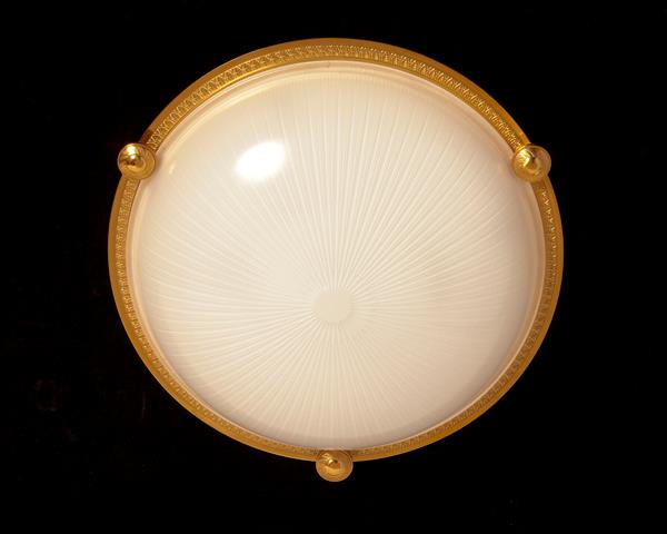 Gilt Bronze Three Light Flush Mount With Molded Ribbed Glass