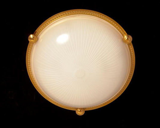Gilt Bronze Three Light Flush Mount With Molded Ribbed Glass