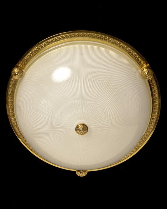 Gilt  Bronze Three Light Flush Mount With Molded Ribbed Glass An