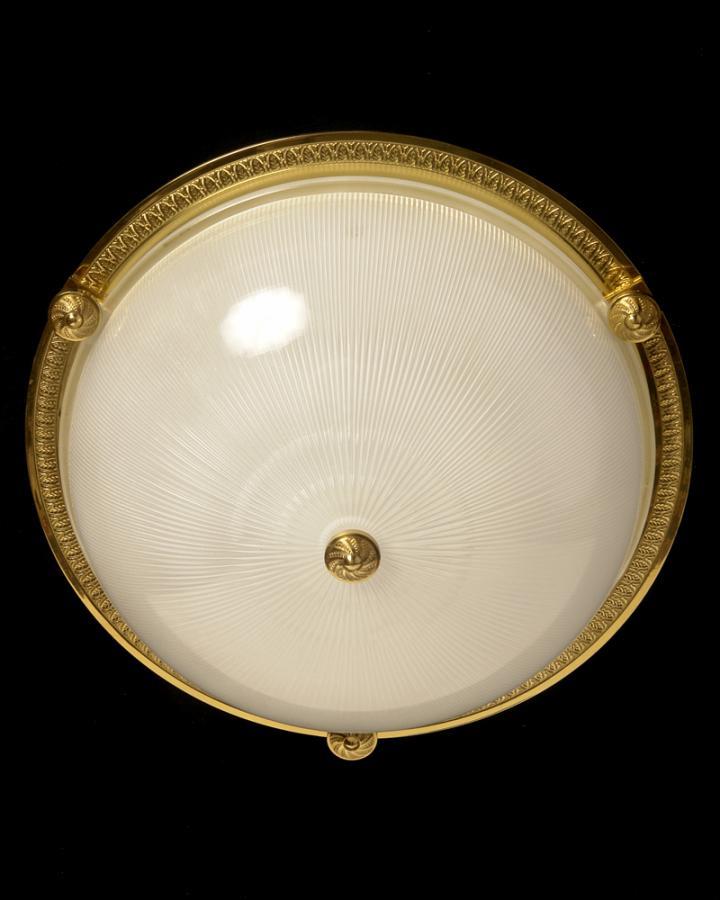 Gilt  Bronze Three Light Flush Mount With Molded Ribbed Glass An
