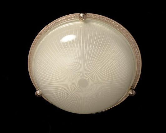 Nickeled Bronze Three Light Flush Mount With Molded Ribbed Glass