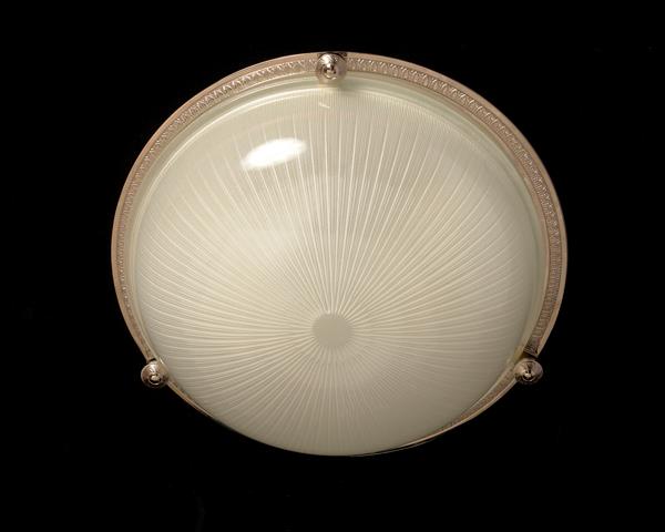 Nickeled Bronze Three Light Flush Mount With Molded Ribbed Glass
