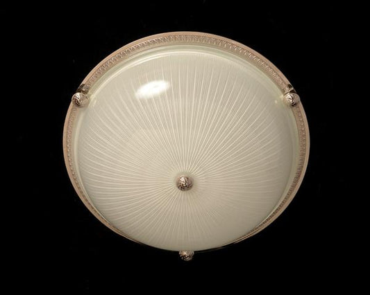 Nickeled Bronze Three Light Flush Mount With Molded Ribbed Glass