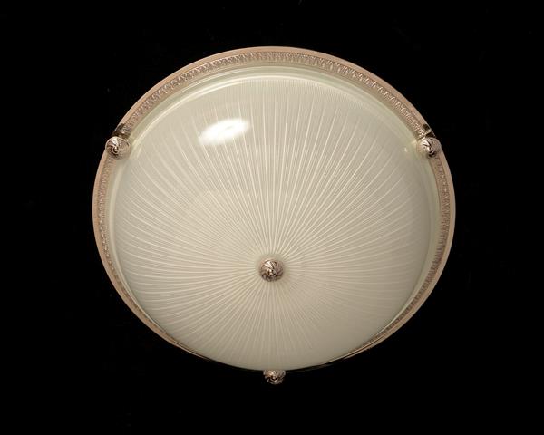 Nickeled Bronze Three Light Flush Mount With Molded Ribbed Glass