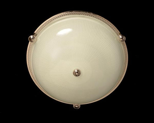 Nickeled bronze and ribbed glass flushmount with button three li