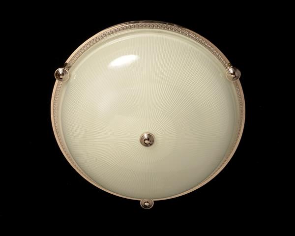 Nickeled bronze and ribbed glass flushmount with button three li