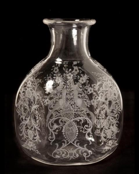 Venetian Etched Glass Hexagonal Shaped Vessel With Foliate And B