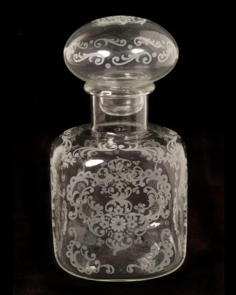 Venetian Etched Glass Vase With Stopper,  Scroll And Floral Deco