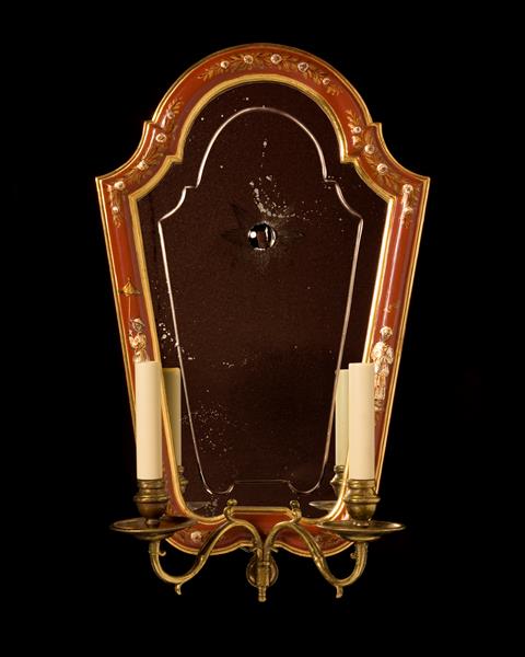 Chinoiserie Style Red Lacquered Wood And Brass Two Light Etched