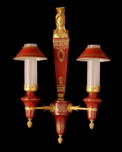 Gilt Bronze and Painted Tole Directoire Style Two Light Sconces
