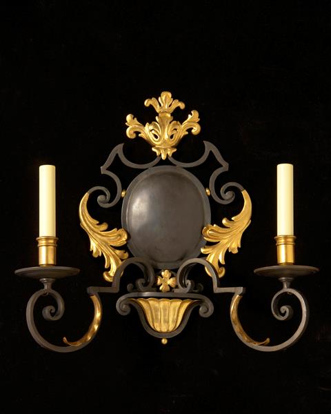 "MONACO" Patinated Bronze and Gilt Iron Two Light Sconce With Ac