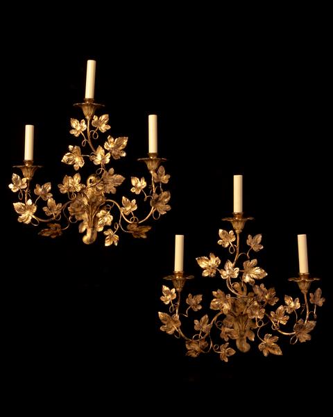 Gilt Iron Oak Leaf Motif Three Light Left And Right Sconce