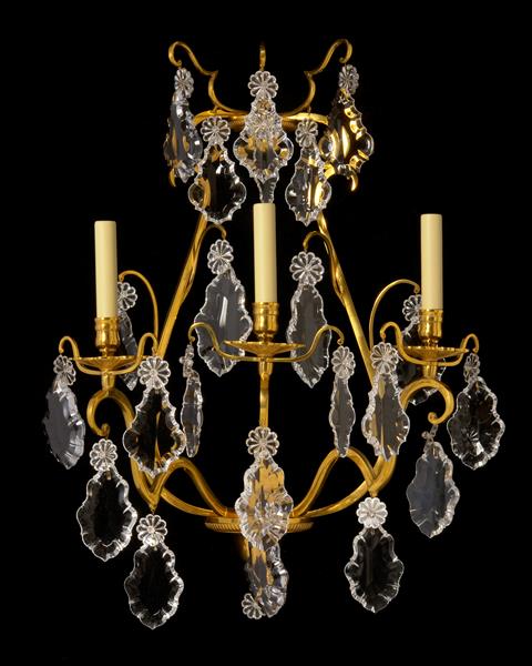 Gilt Bronze With Cut Crystal Pendalogues 
L.XV Style Three Light