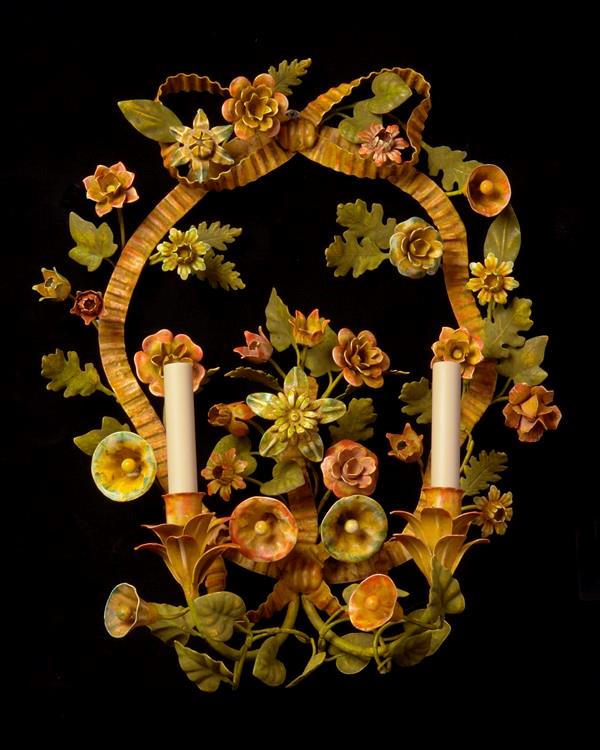 Polychrome Iron Floral Motif Two Light Sconce