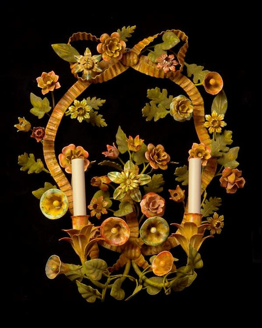 Polychrome Iron Floral Motif Two Light Sconce