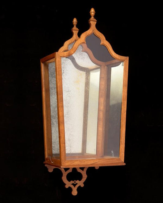 Cherry Wood Antiqued Mirror And Paneled Glass Candlestick Hurric