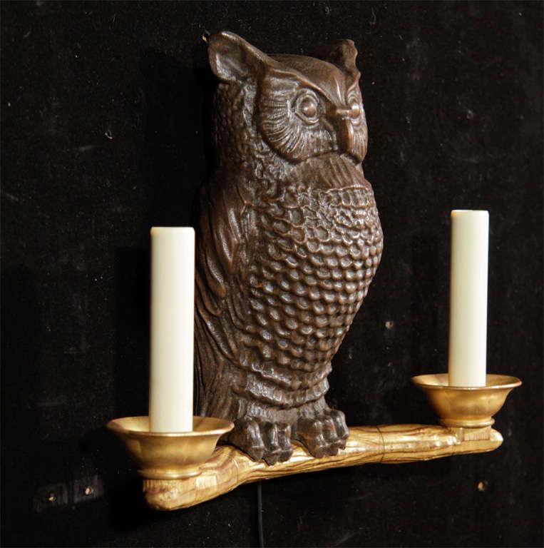 "Owl" two light carved owl sconce, wired