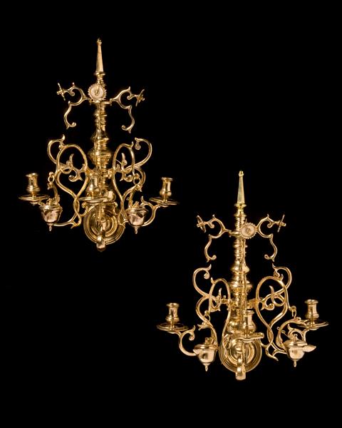 Brass Three Light Dutch Sconces With Reflectors And Oil Reservoirs, Late 18th Century
