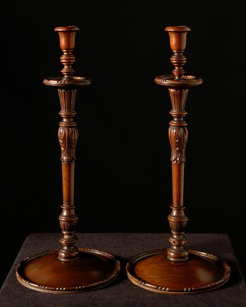 Hand Turned Mahogany Candlesticks, England 19th Century