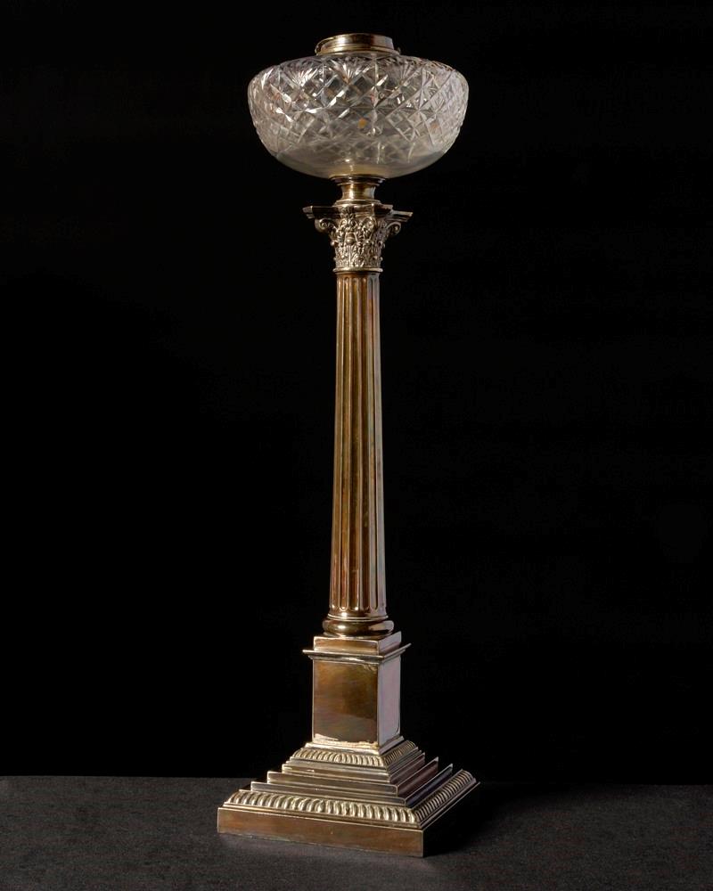 Silvered Bronze Column Lamp With Cut Crystal Font, England 19th Century