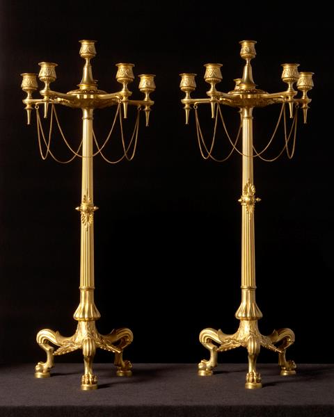 Gilt Bronze Napoleon III Six Light Candelabra With Paw Footed Bases, France 19th Century