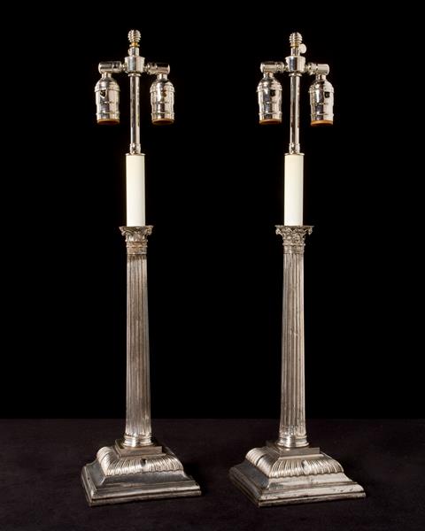Silvered Bronze Neo-Classical Style Reeded Column Lamps, England 19th Century