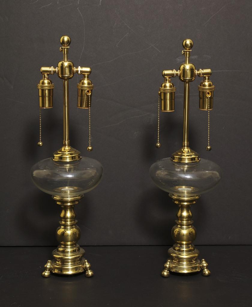 Brass Dutch Baroque Two Light Table Lamps WIth Glass Fonts, Holland 19th Century