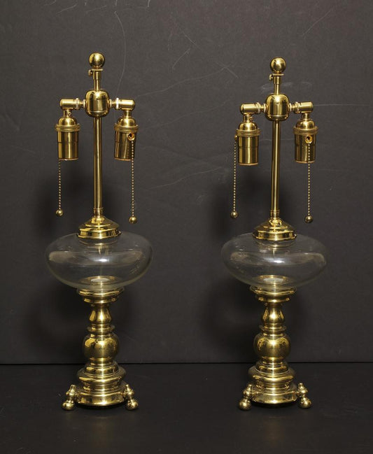 Brass Dutch Baroque Two Light Table Lamps WIth Glass Fonts, Holland 19th Century