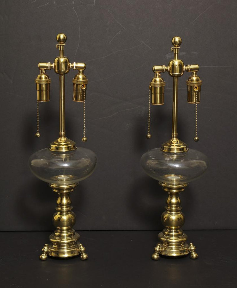 Brass Dutch Baroque Two Light Table Lamps WIth Glass Fonts, Holland 19th Century